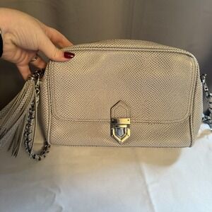 Eric Javits Cream Tan Leather Crossbody Shoulder Bag Handbag Purse Chain Strap